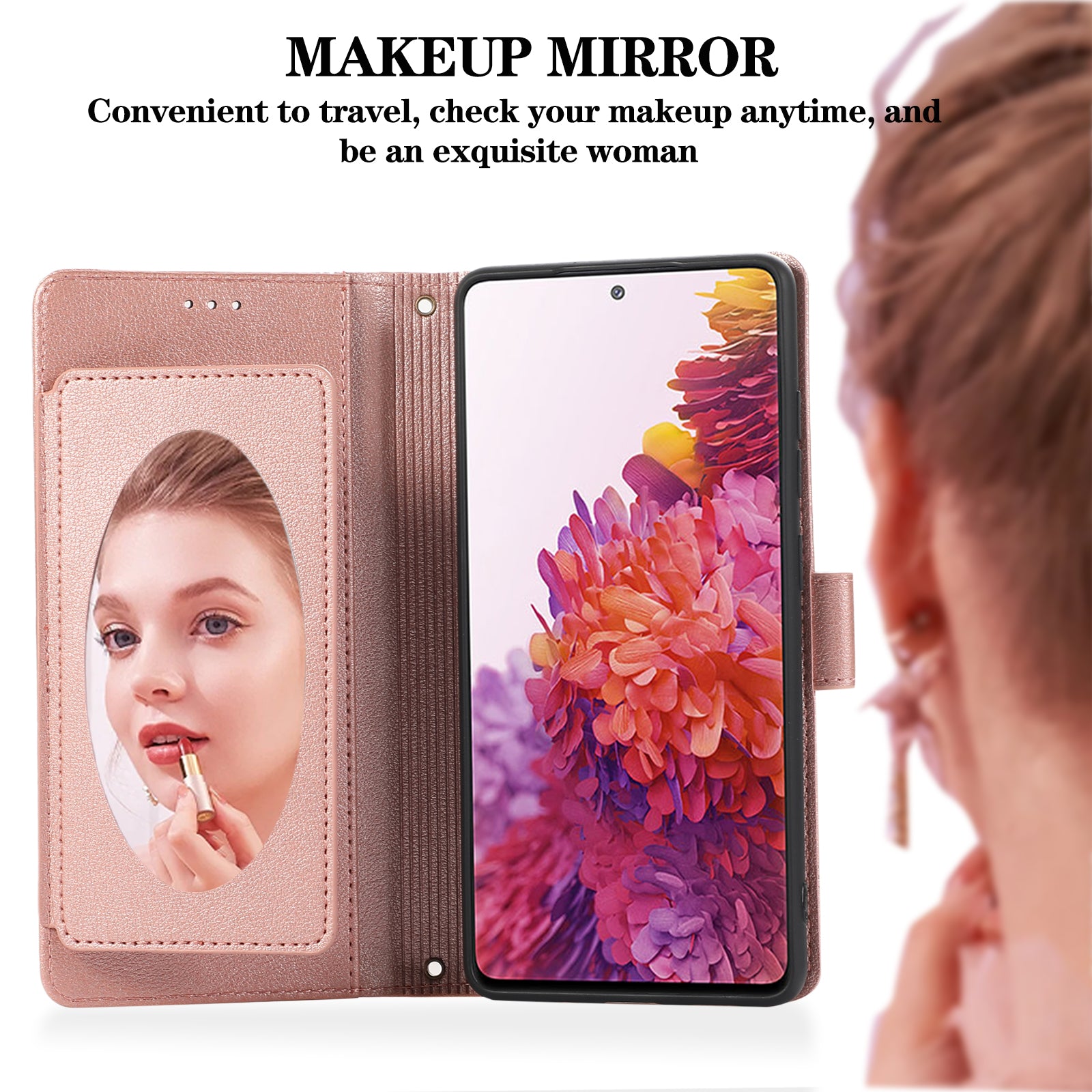 For Samsung Galaxy S20 FE 4G / S20 FE 5G / S20 Lite / S20 FE 2022 Case Leather Wallet Phone Cover with Mirror - Rose Gold For Samsung Galaxy S20 FE 4G / S20 FE 5G / S20 Lite / S20 FE 2022 Case Leather Wallet Phone Cover with Mirror - Rose Gold